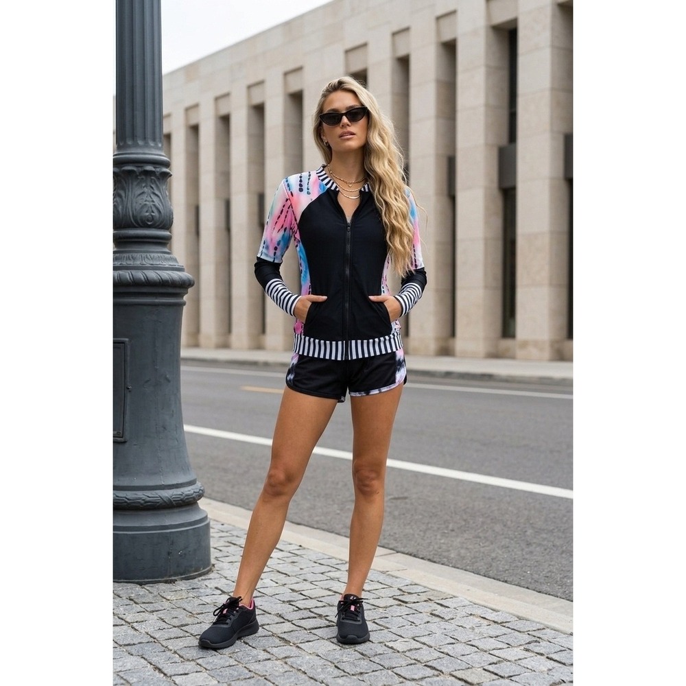 Women Long Sleeve Zip Front Swim Triathlon Cycling jersey Tie-Dye Stripe Small